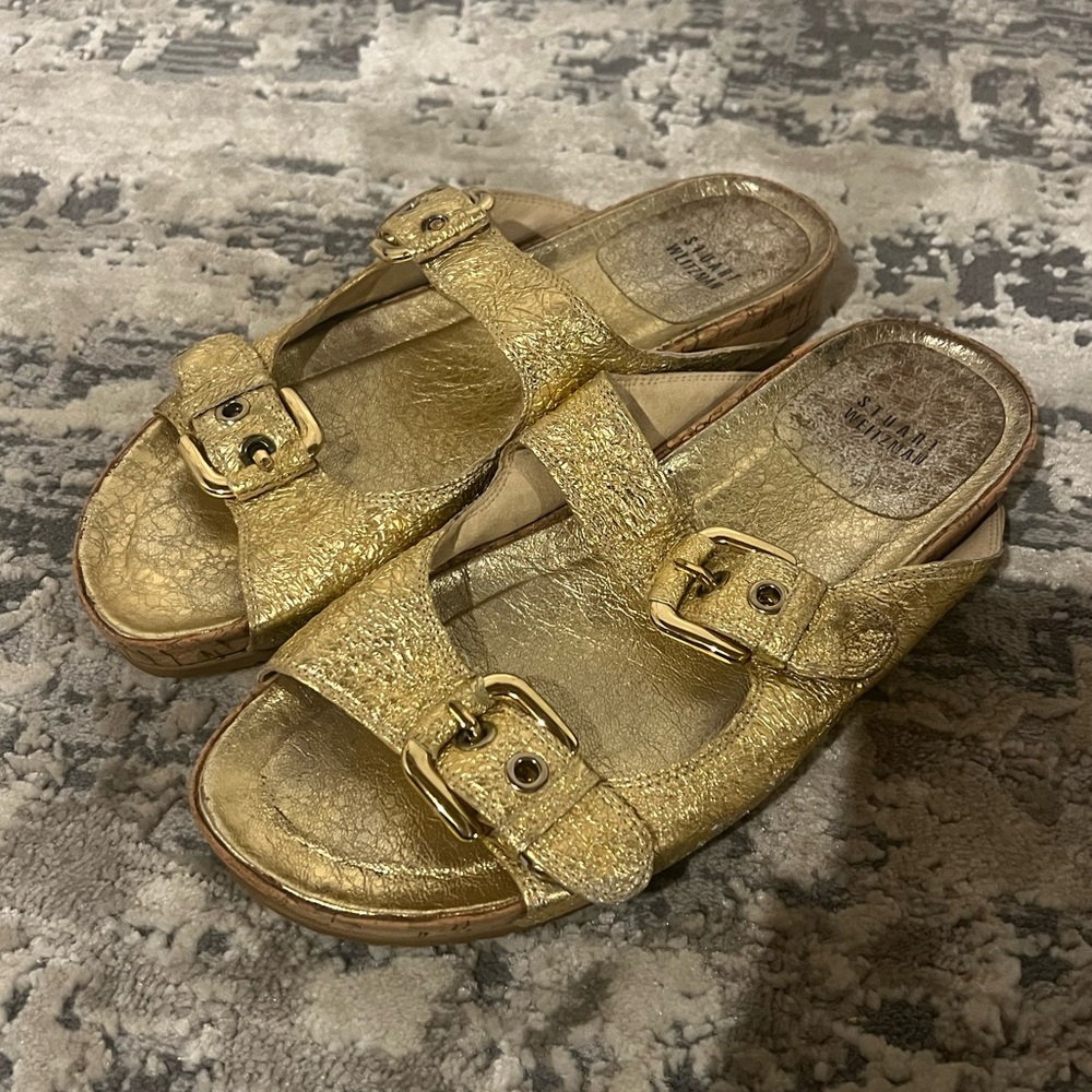 Stuart Weitzman Gold Foil Leather Sandals Size 5.5 US